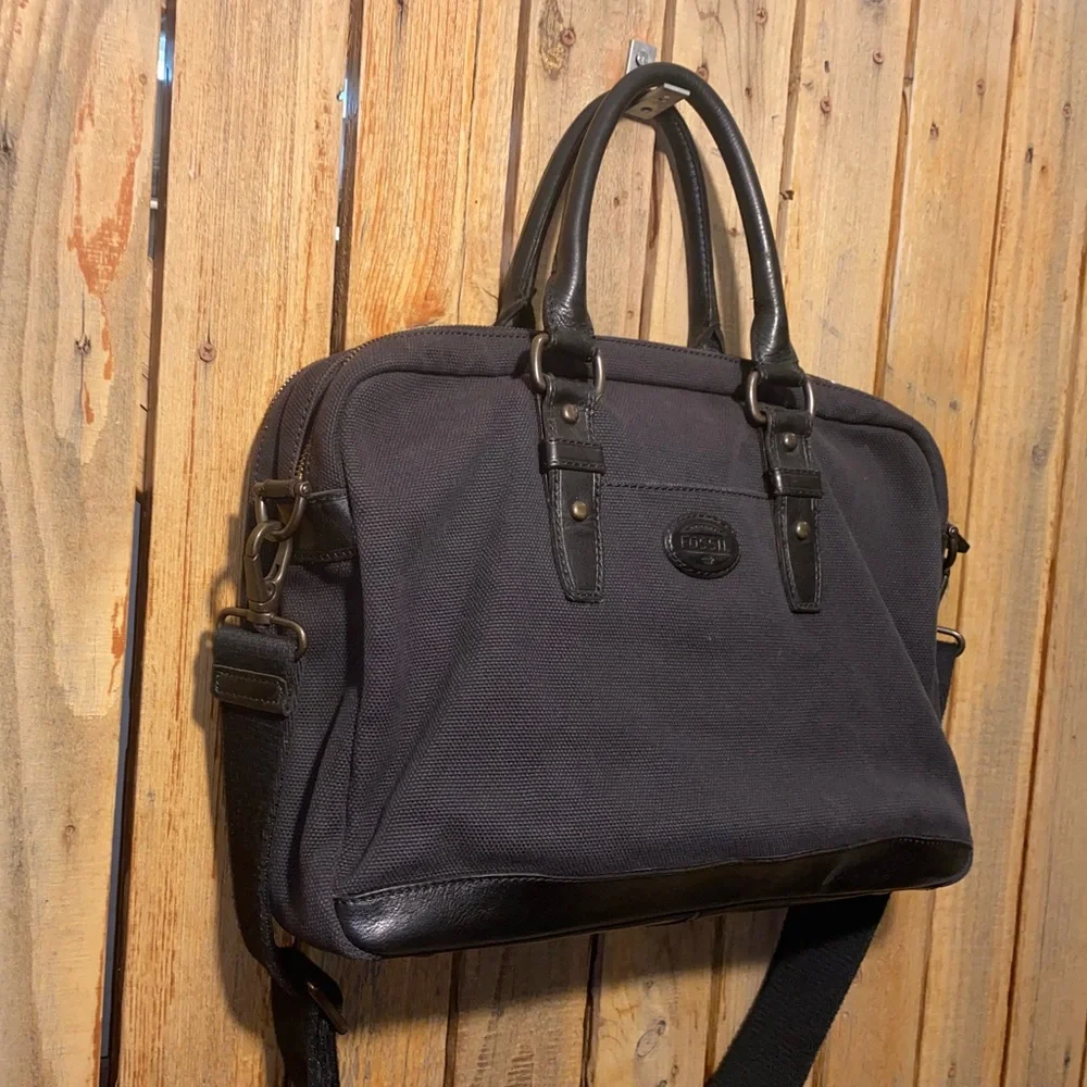 Fossil Black Canvas Laptop Nag with Leather Trim